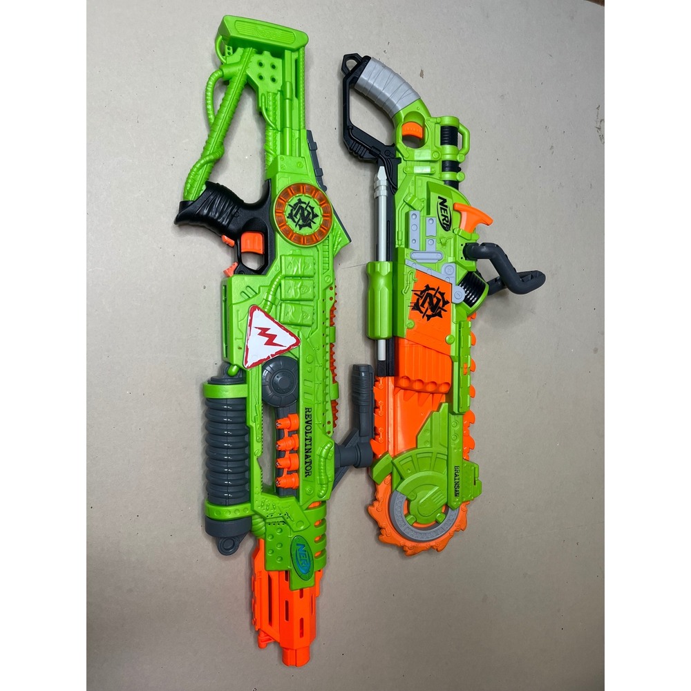 Nerf Zombie Strike Revoltinator and Brainsaw Blaster Lot Green Orange Toy Guns